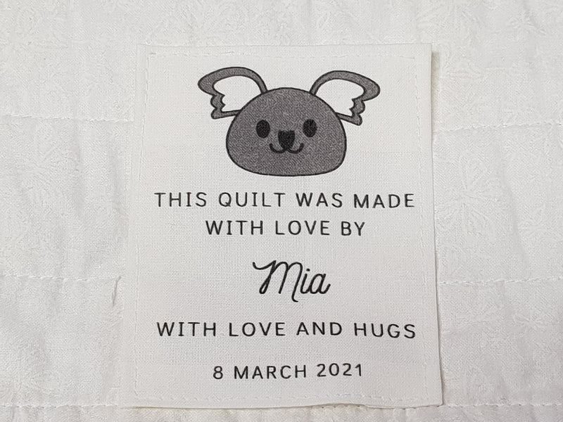 Custom Made QUILT LABEL, organic quilting cotton, Style 22 - Koala