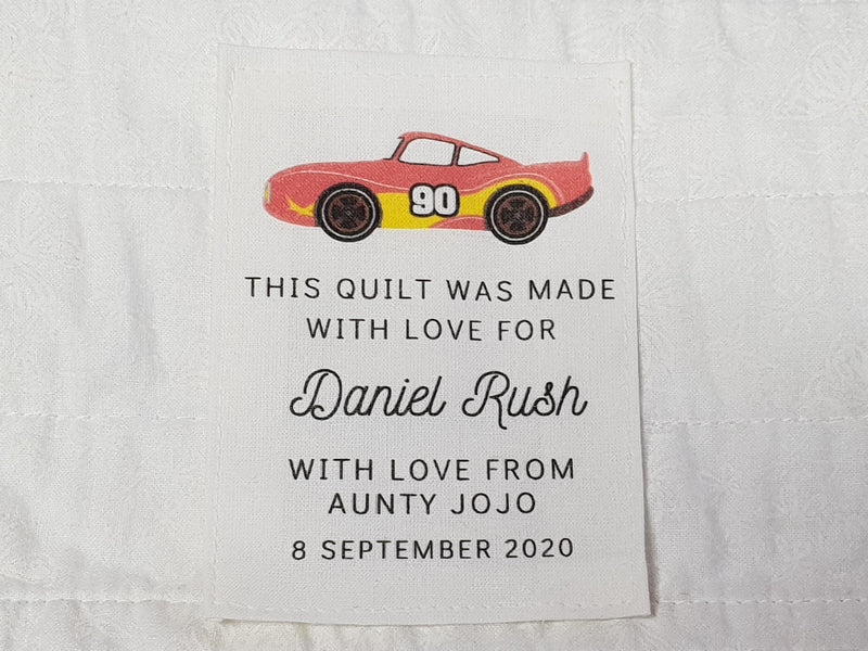 Custom Made QUILT LABEL, organic quilting cotton, Style 24 - Race Car