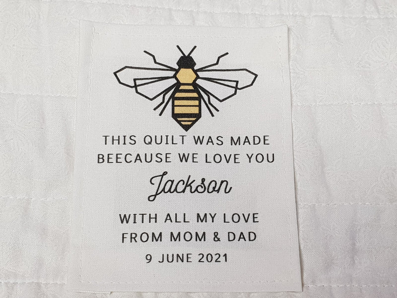 Custom Made QUILT LABEL, organic quilting cotton, Style 28 - Bee