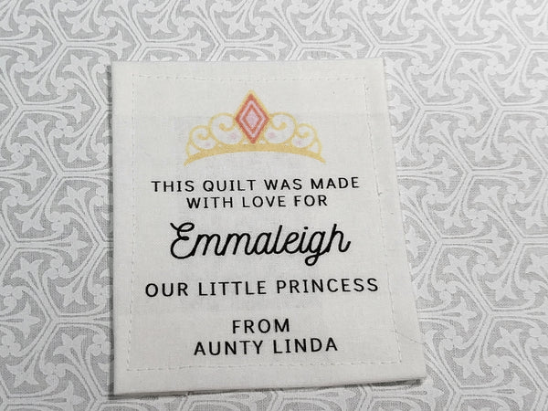 Custom Made QUILT LABEL, organic quilting cotton, Style 35 - Princess Tiara