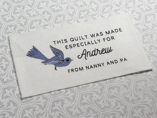 Custom Made QUILT LABEL, organic quilting cotton, Style 36 - Blue Bird