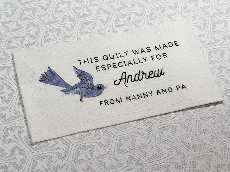 Custom Made QUILT LABEL, organic quilting cotton, Style 36 - Blue Bird