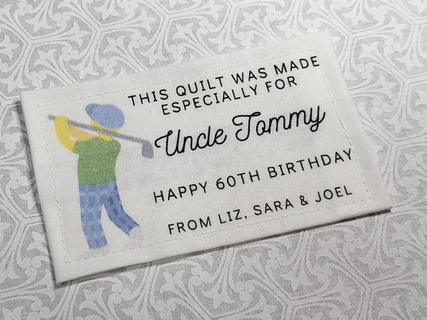 Custom Made QUILT LABEL, organic quilting cotton, Style 37 - Golfer