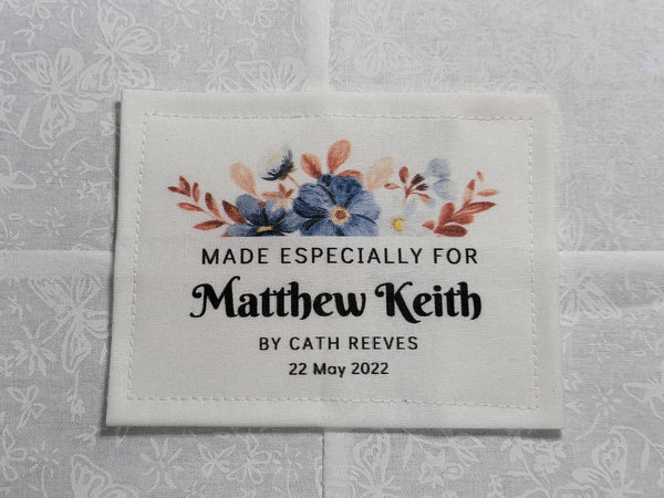 Custom Made QUILT LABEL, organic quilting cotton, Style 79 - Blue Floral