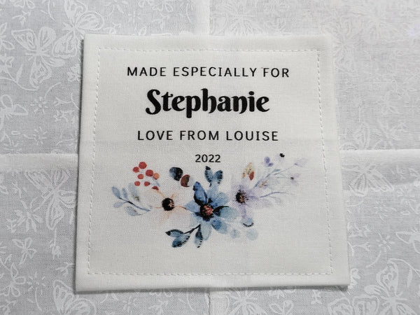 Custom Made QUILT LABEL, organic quilting cotton, Style 82 - Flowers