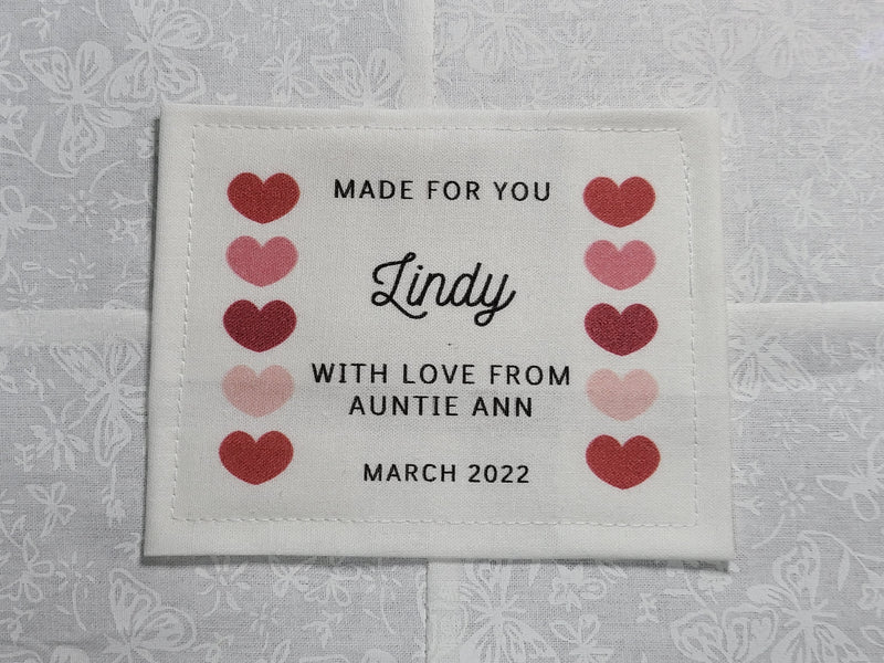 Custom Made QUILT LABEL, organic quilting cotton, Style 84 - Hearts