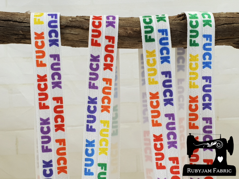 Rainbow FUCK on White - Printed - 1" (25mm) - Fold Over Elastic (FOE)