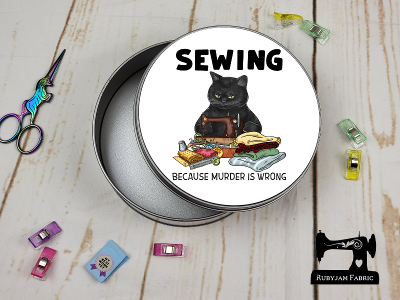 Sewing Because Murder Is Wrong (white) - Sewing Storage Tin (Round) - Bespoke