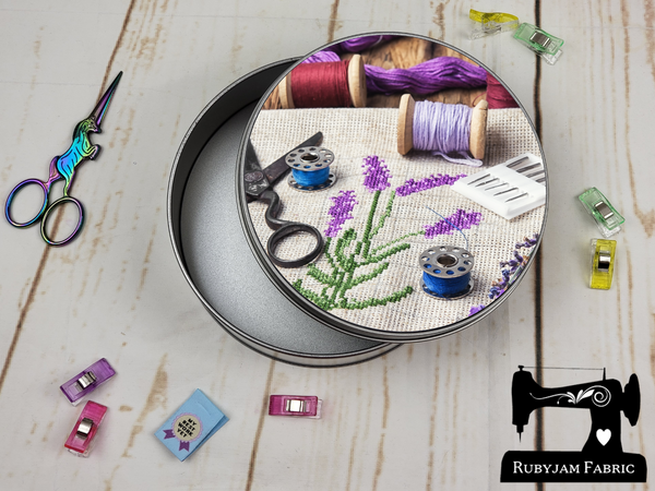 Embroidery Lavender - Sewing Storage Tin (Round) - Bespoke
