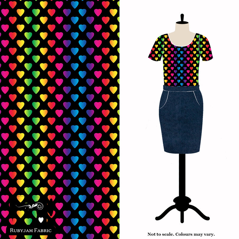 Rainbow Hearts - cotton lycra - 150cm wide - clearance