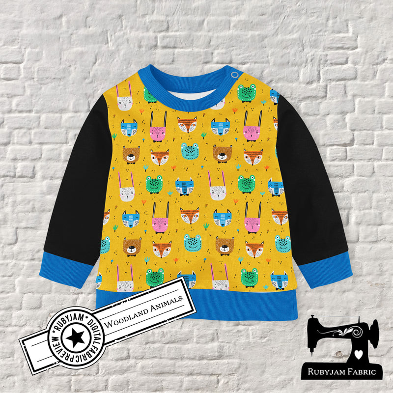Woodland Animals on Mustard - cotton lycra - 150cm wide