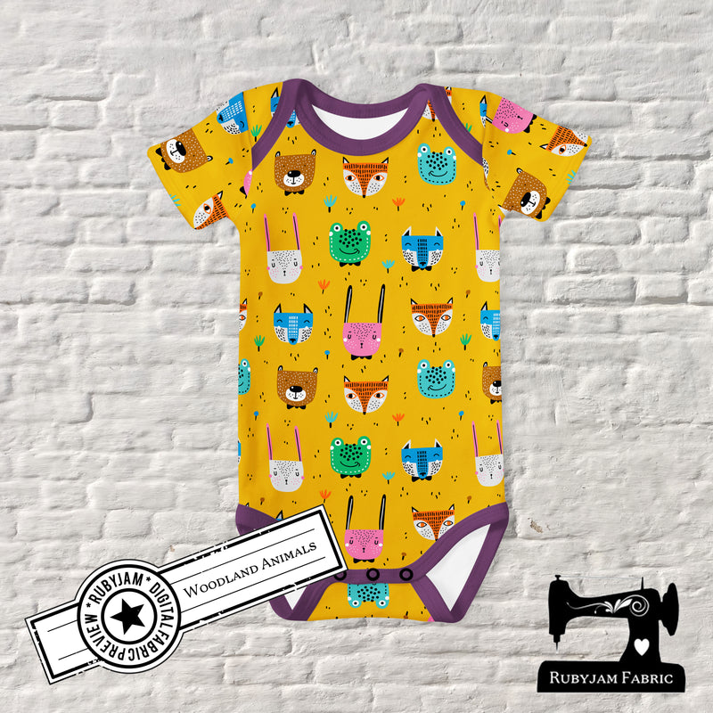 Woodland Animals on Mustard - cotton lycra - 150cm wide