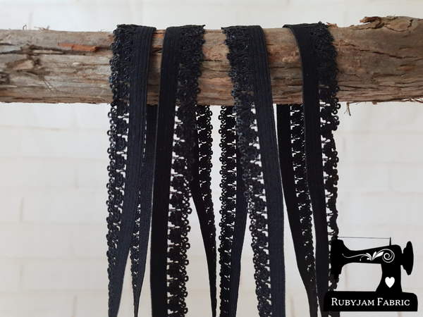 1M BLACK Decorative Elastic Lace Picot Trim (Approx 15mm wide)