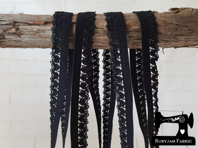 1M BLACK Decorative Elastic Lace Picot Trim (Approx 15mm wide)