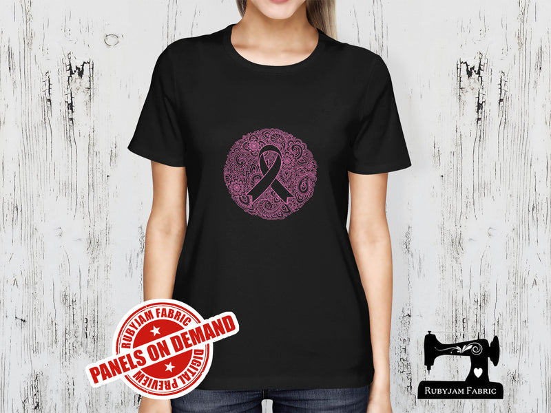 Mandala Ribbon Circle (Breast Cancer Awareness) - BLACK - Panels On Demand