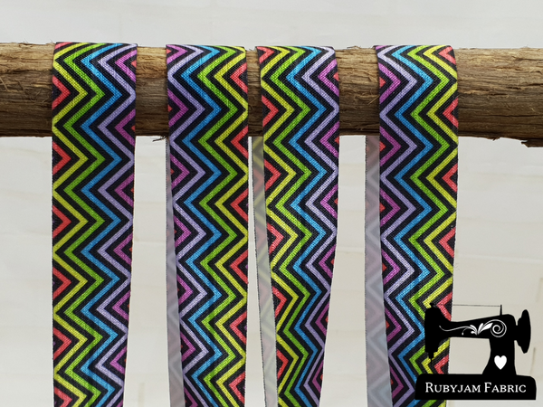 1M Coloured Chevrons on Black - Printed - 1" (25mm) - Fold Over Elastic (FOE)