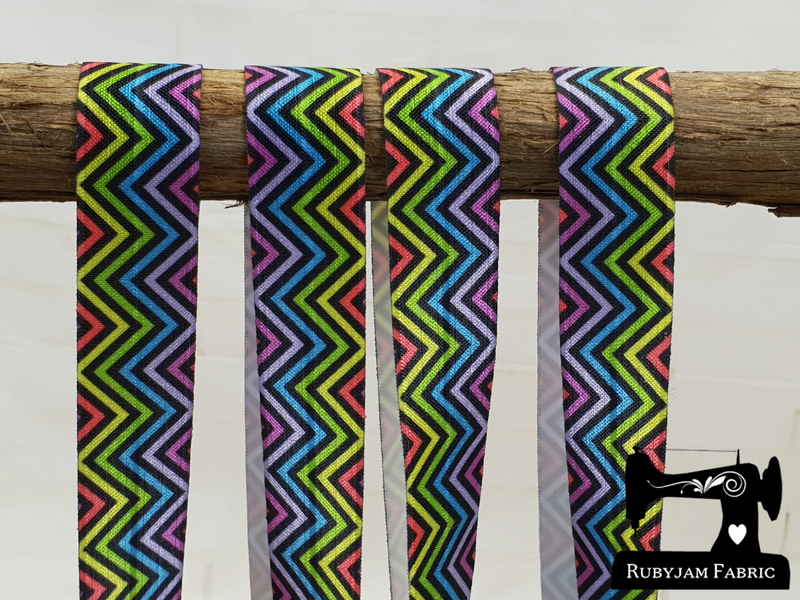 1M Coloured Chevrons on Black - Printed - 1" (25mm) - Fold Over Elastic (FOE)