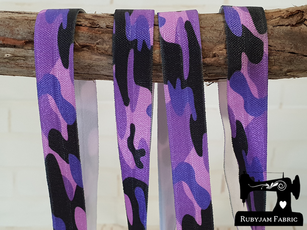 1M Purple Camouflage - Printed - 5/8" (16mm) - Fold Over Elastic (FOE)