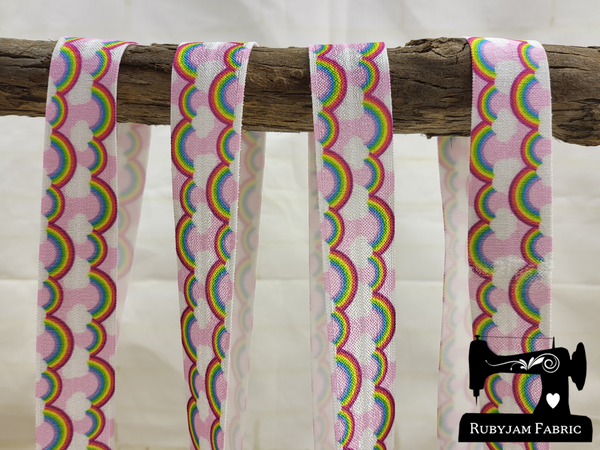 1M Rainbows and Clouds - Printed - 1" (25mm) - Fold Over Elastic (FOE)