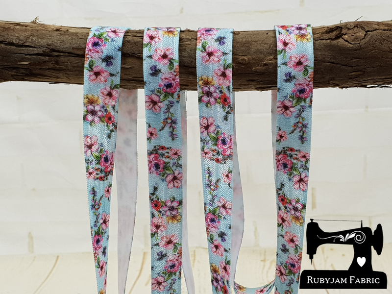 1M Pink Flowers on Blue - Printed - 5/8" (16mm) - Fold Over Elastic (FOE)