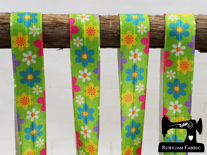 1M Flowers on Green - Printed - 1" (25mm) - Fold Over Elastic (FOE)