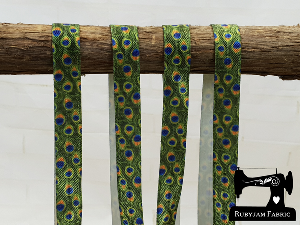 1M Green Peacock Feathers - Printed - 5/8" (16mm) - Fold Over Elastic (FOE)