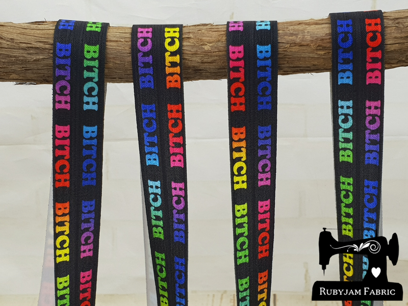Ombre Rainbow BITCH on Black - Printed - 1" (25mm) - Fold Over Elastic (FOE) - clearance