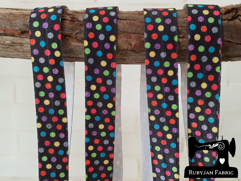 1M Polka Dots on Black - Printed - 5/8" (16mm) - Fold Over Elastic (FOE)