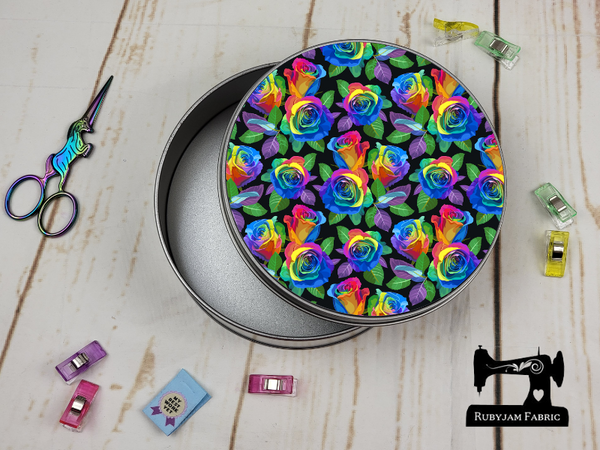 Rainbow Roses - Sewing Storage Tin (Round) - Bespoke