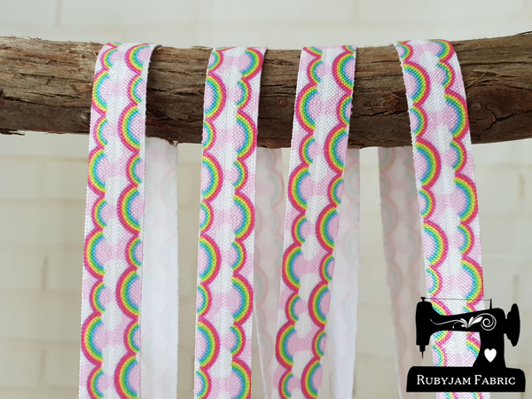 1M Rainbows and Clouds - Printed - 5/8" (16mm) - Fold Over Elastic (FOE)