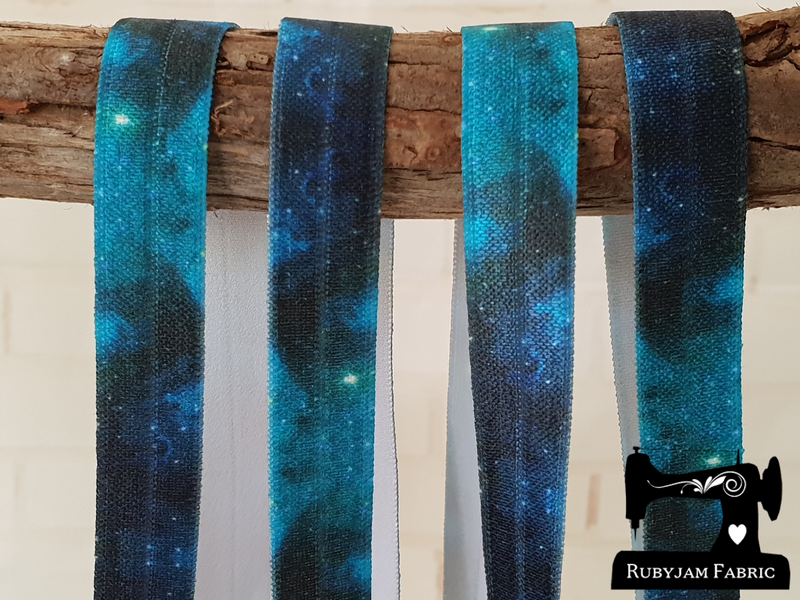 1M Teal Galaxy - Printed - 5/8" (16mm) - Fold Over Elastic (FOE)