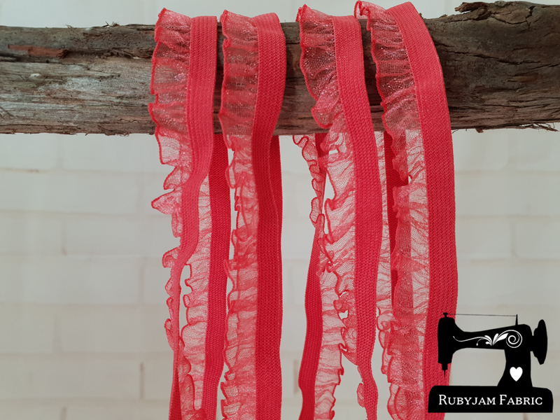 1M WATERMELON RED Decorative Elastic Ruffle Trim (Approx 15mm wide)